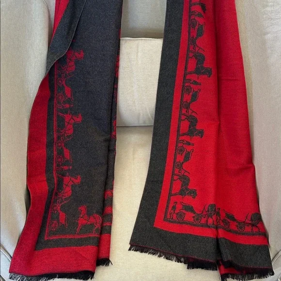 Designer Like Horse Equestrian Red & Gray Cashmere Feel Large Reversible Scarf - Picture 2 of 6